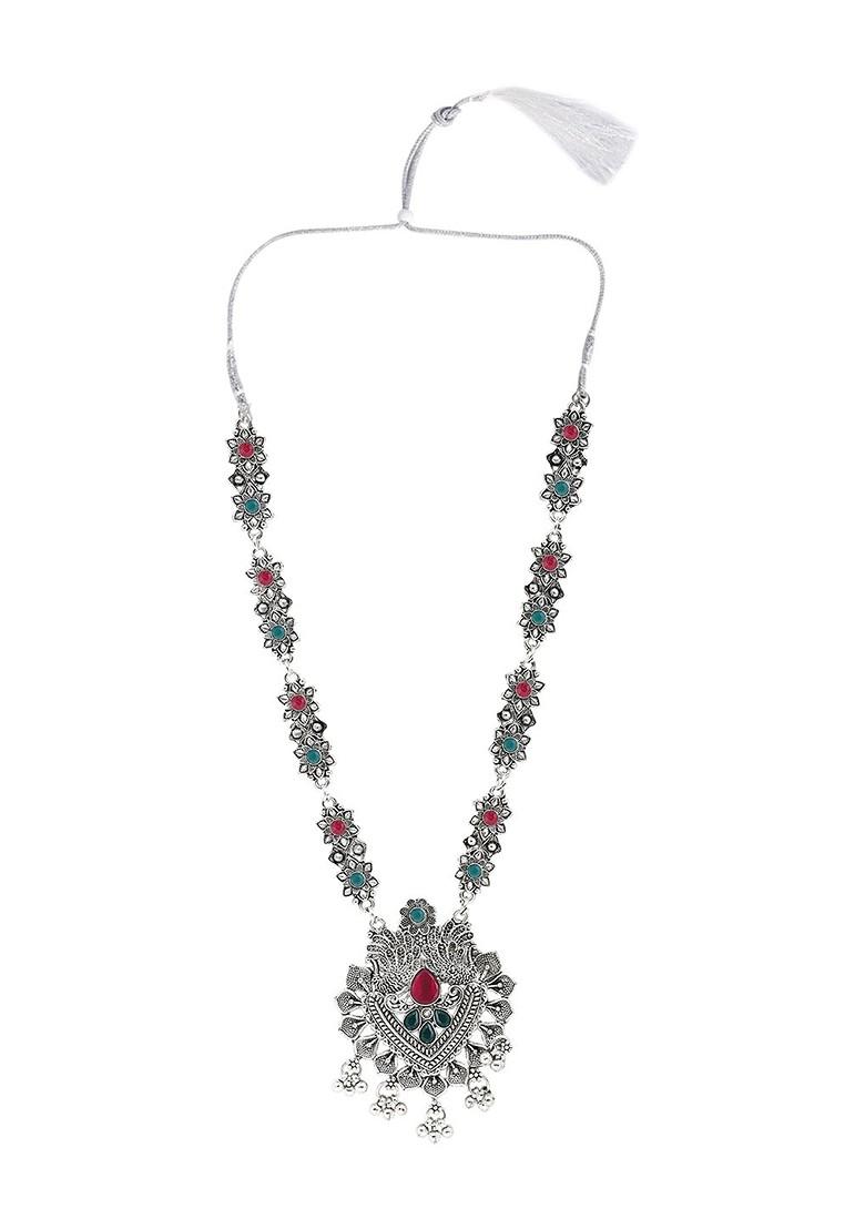 Silver Stone Studded Oxidised Necklace Set