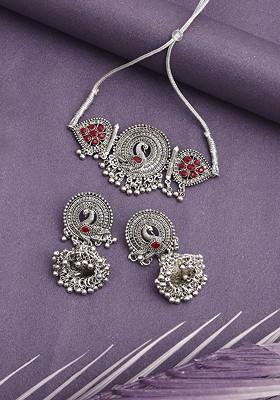Silver Stone Studded Gold Plated Necklace Set