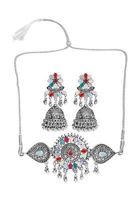 Silver Stone Studded Gold Plated Necklace Set