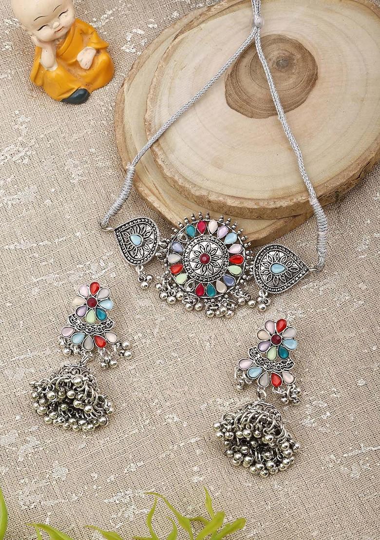 Silver Stone Studded Gold Plated Necklace Set