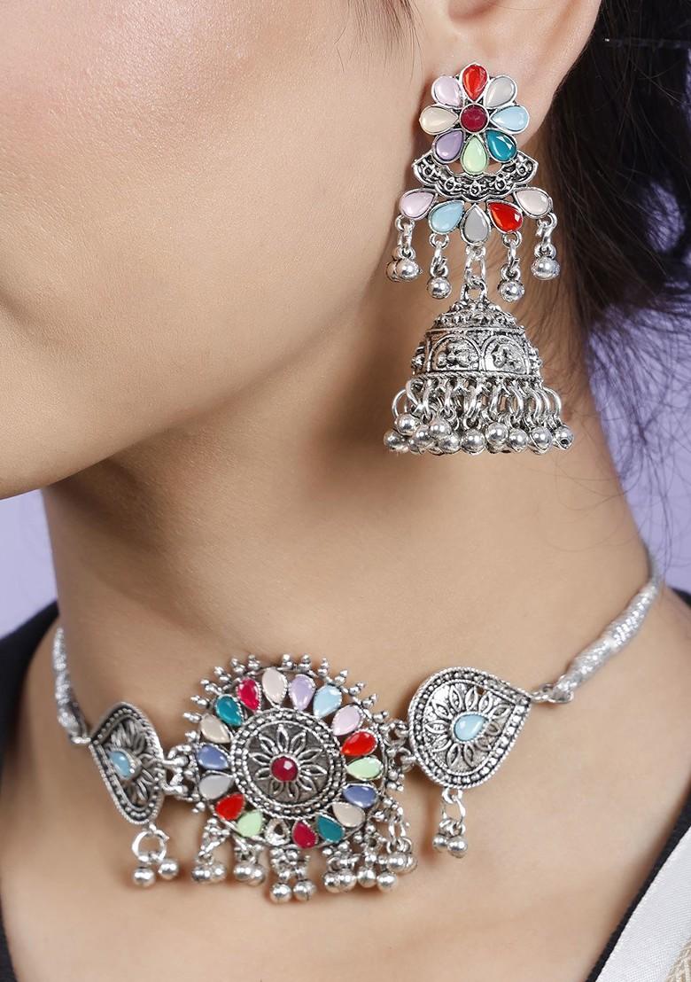 Silver Stone Studded Gold Plated Necklace Set