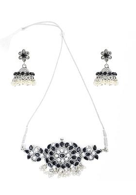 Black Beaded Silver Plated Necklace Set