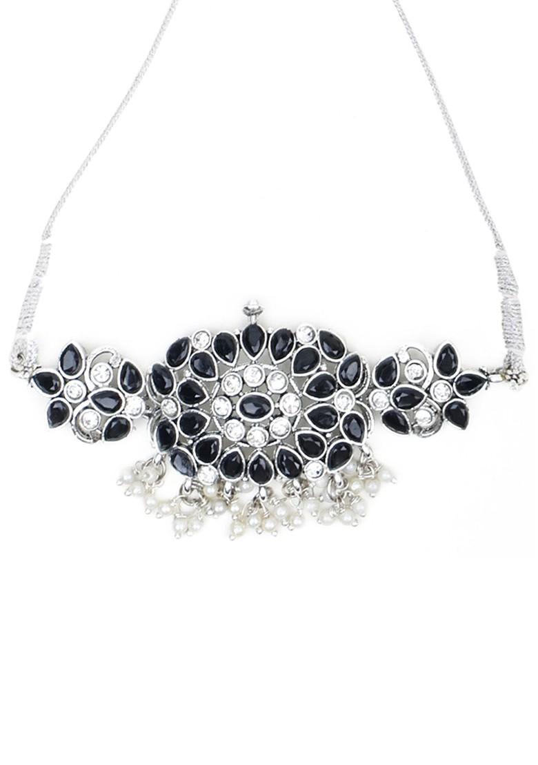 Black Beaded Silver Plated Necklace Set