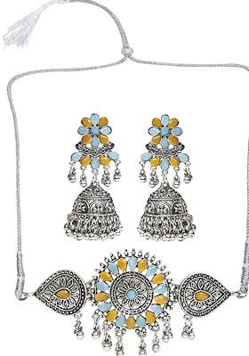 Yellow Beaded Silver Plated Necklace Set