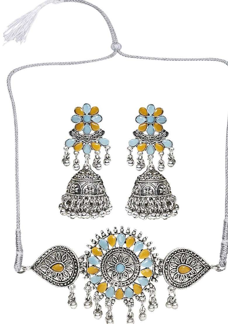 Yellow Beaded Silver Plated Necklace Set - Indya