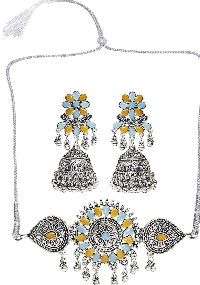 Yellow Beaded Silver Plated Necklace Set