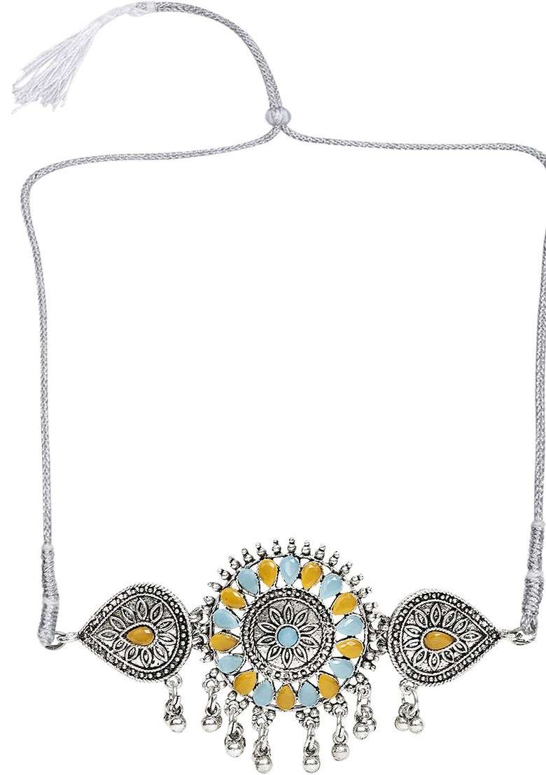 Yellow Beaded Silver Plated Necklace Set - Indya