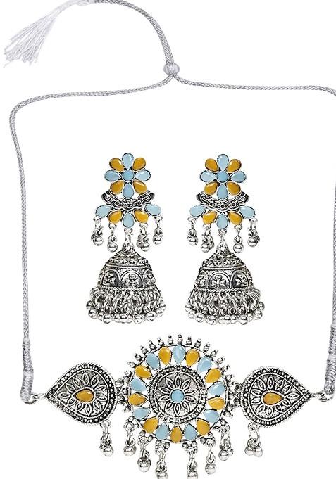 Yellow Beaded Silver Plated Necklace Set