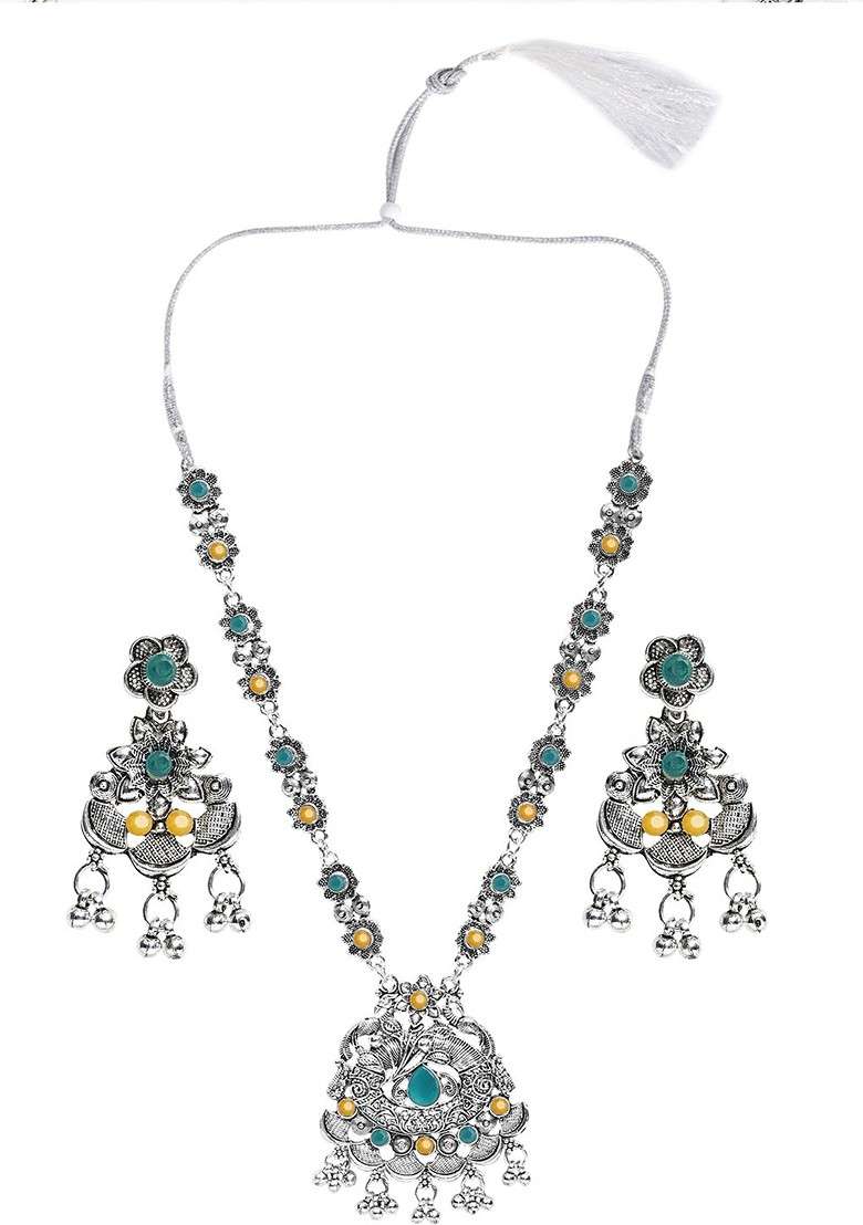 Yellow Beaded Silver Plated Necklace Set - Indya