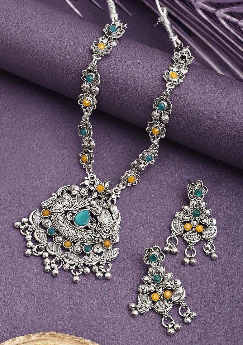 Yellow Beaded Silver Plated Necklace Set