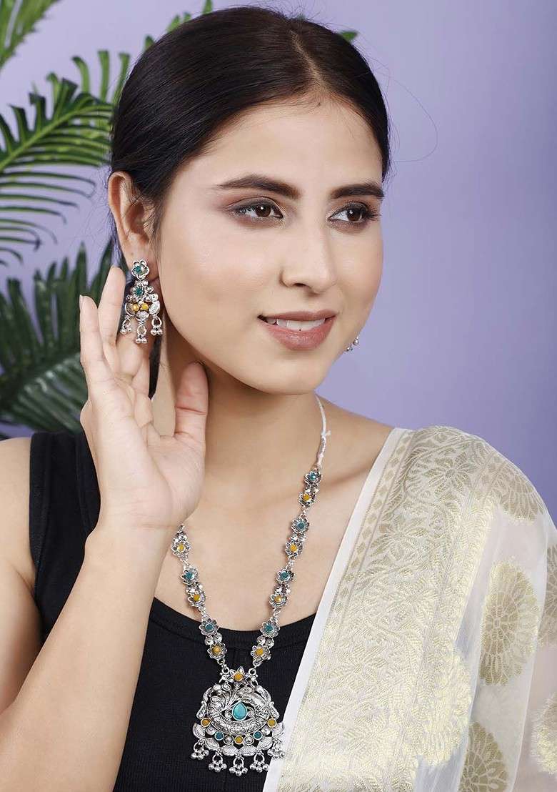 Yellow Beaded Silver Plated Necklace Set - Indya