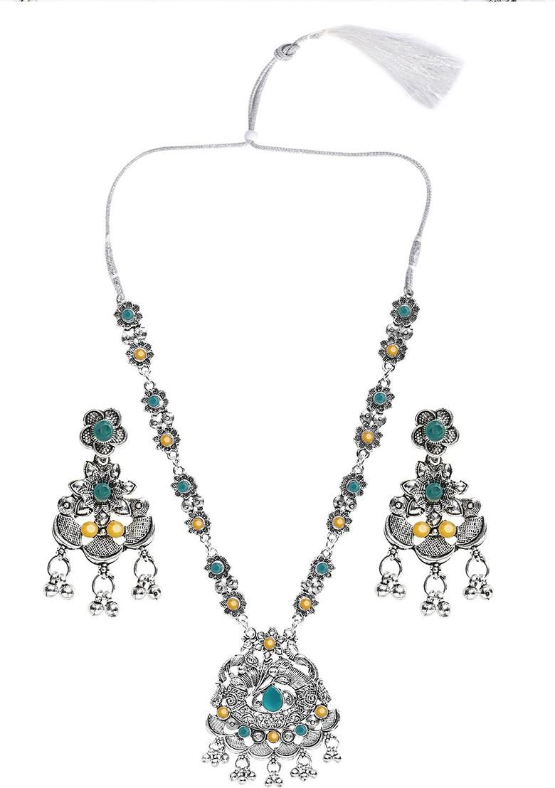 Yellow Beaded Silver Plated Necklace Set