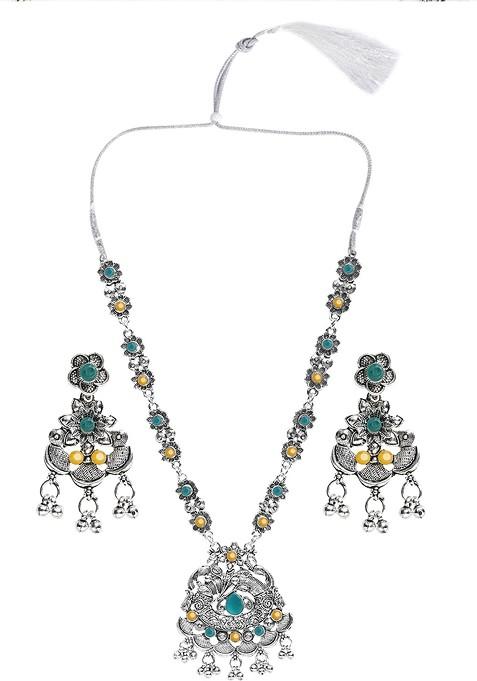 Yellow Beaded Silver Plated Necklace Set