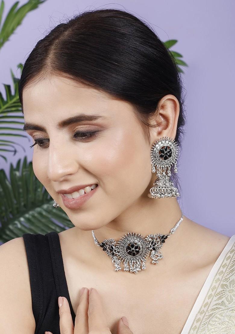 Silver Stone Studded Gold Plated Necklace Set