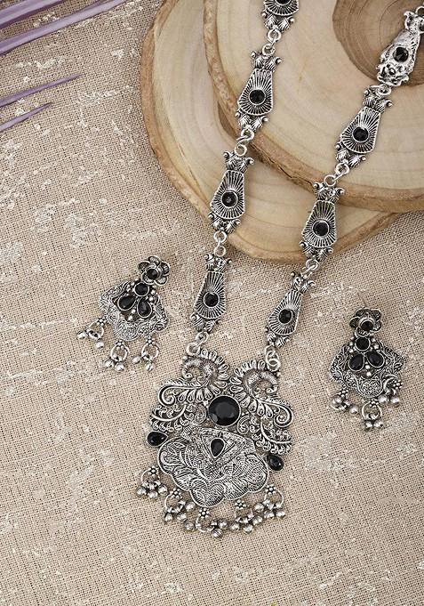 Silver Stone Studded Gold Plated Necklace Set