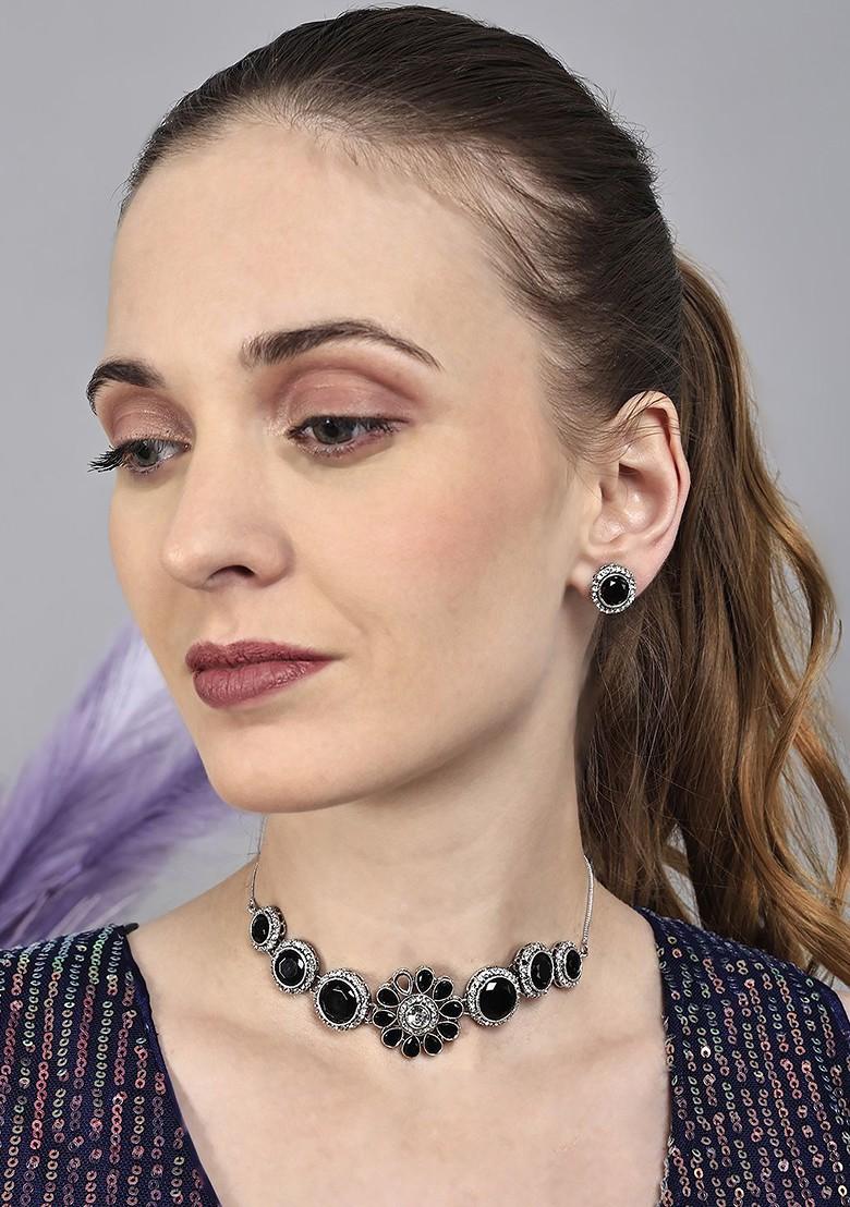 Silver Stone Studded Gold Plated Necklace Set