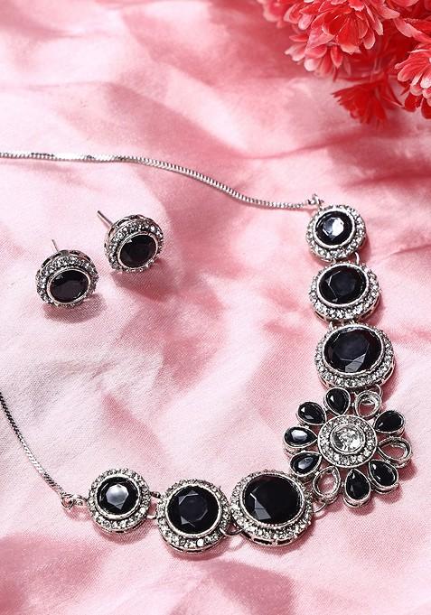 Silver Stone Studded Gold Plated Necklace Set