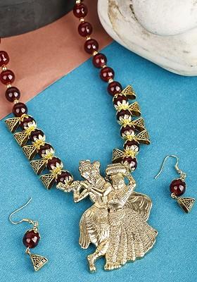 Gold Beaded Oxidised Necklace Set