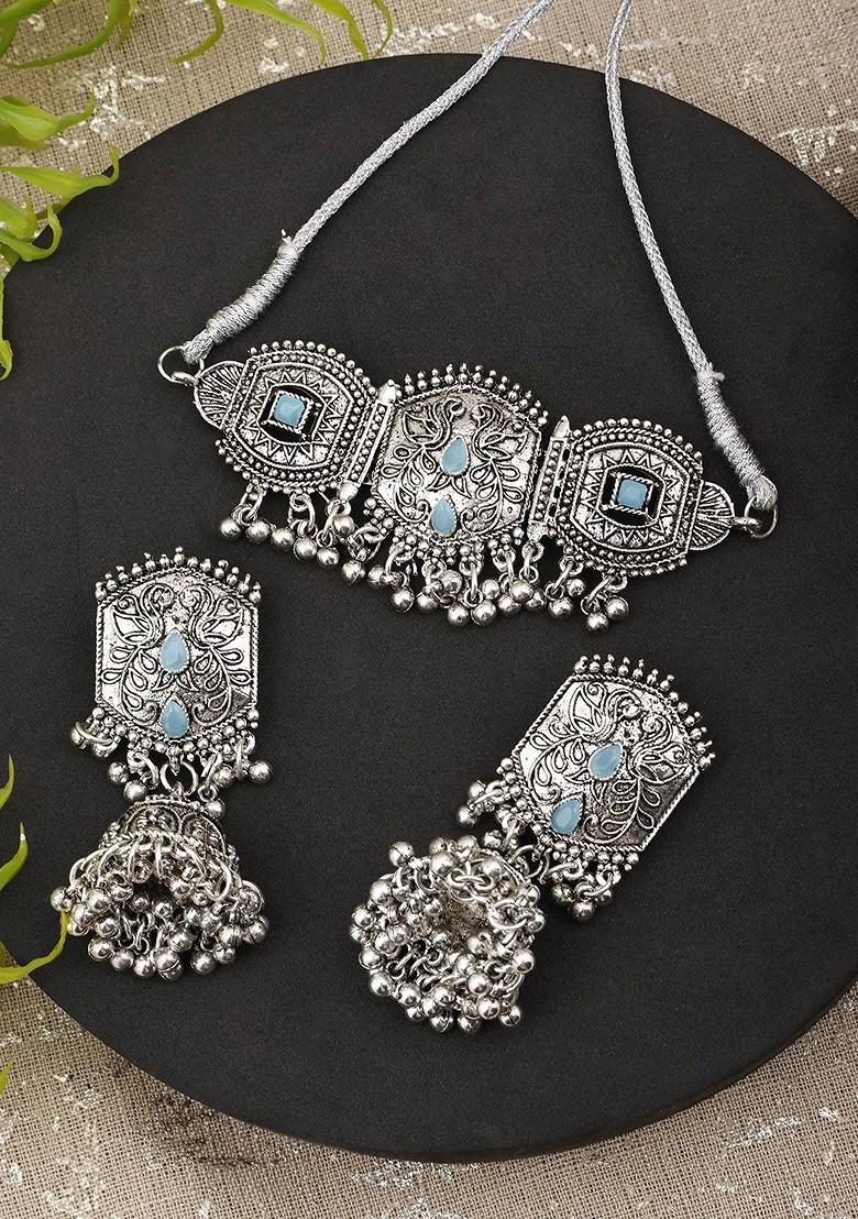 Silver Stone Studded Gold Plated Necklace Set