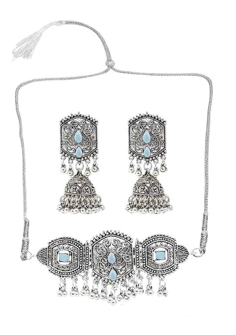 Silver Stone Studded Gold Plated Necklace Set