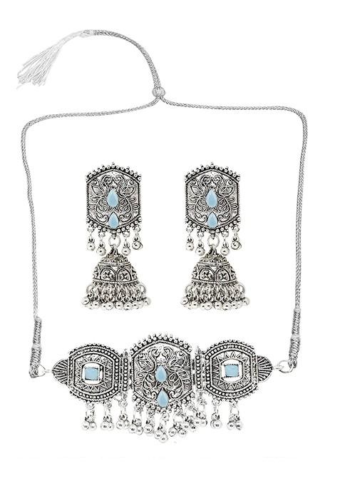 Silver Stone Studded Gold Plated Necklace Set