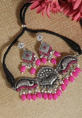 Silver Beaded Oxidised Necklace Set