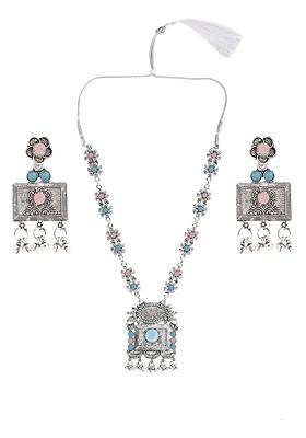 Pink Beaded Silver Plated Necklace Set