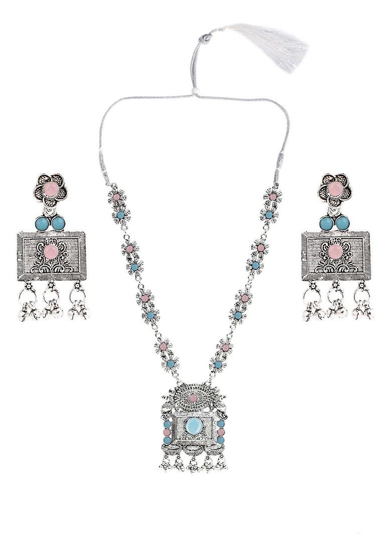 Pink Beaded Silver Plated Necklace Set