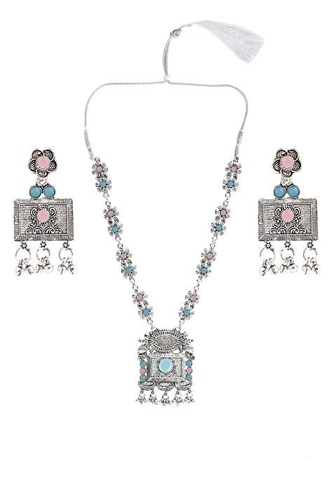 Pink Beaded Silver Plated Necklace Set