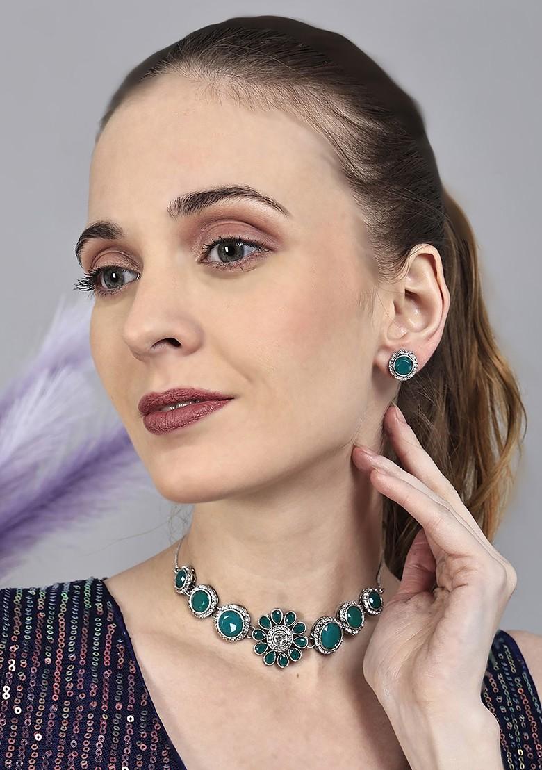 Green Stone Studded Gold Plated Necklace Set