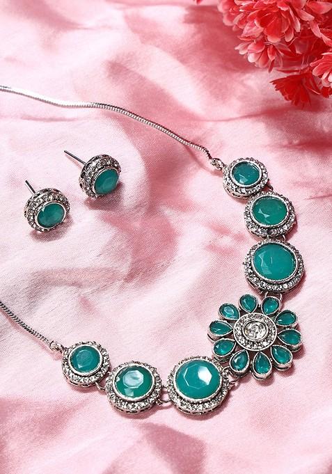 Green Stone Studded Gold Plated Necklace Set