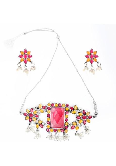 Silver Beaded Gold Plated Necklace Set