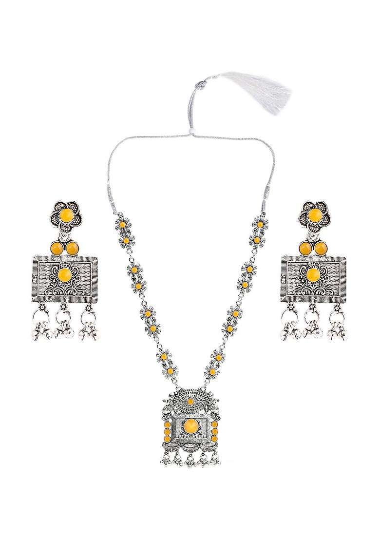 Silver Stone Studded Gold Plated Necklace Set - Indya