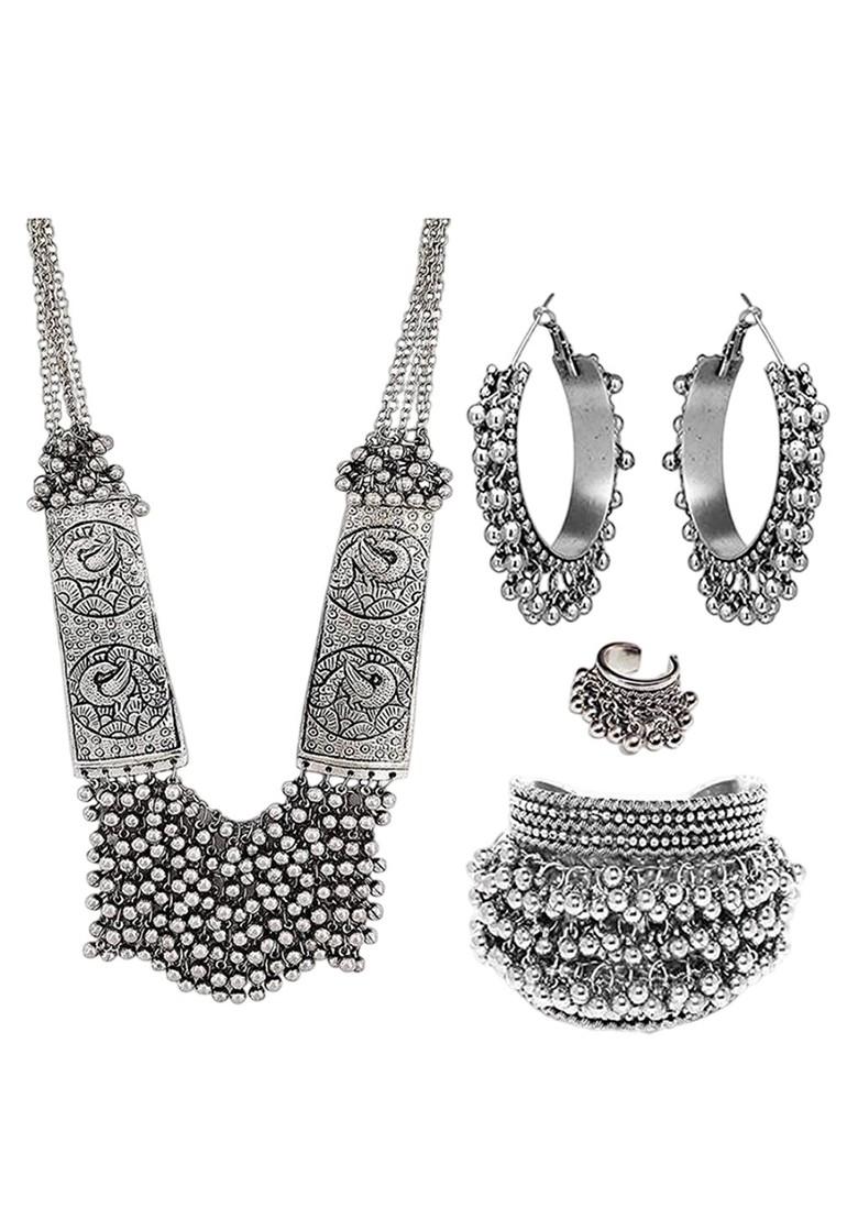 Silver Beaded Silver Plated Necklace Set