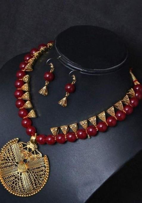 Gold Beaded Gold Plated Necklace Set