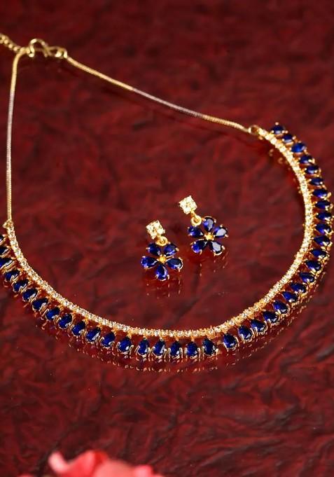 Gold Stone Studded American Diamond Necklace Set