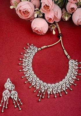 Silver Stone Studded American Diamond Necklace Set