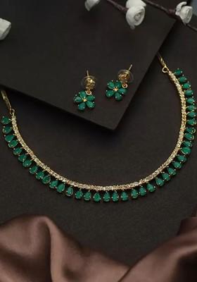 Gold Stone Studded American Diamond Necklace Set