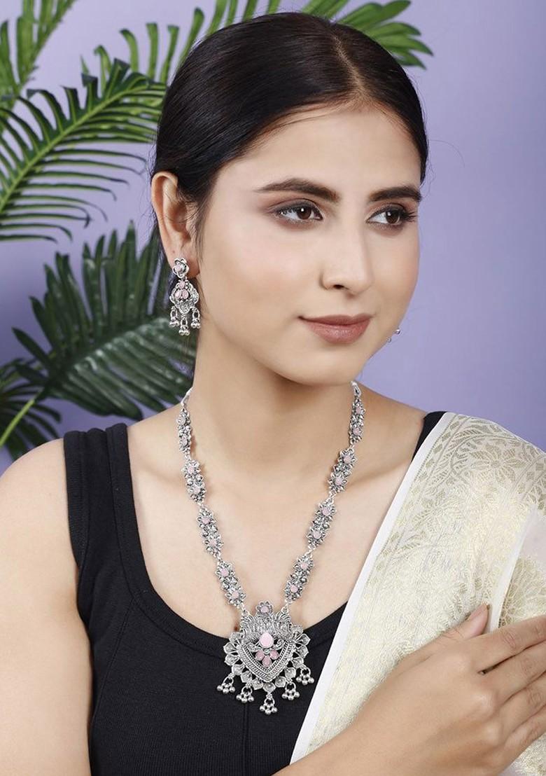 Silver Stone Studded Silver Plated Necklace Set