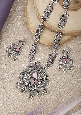 Pink Beaded Silver Plated Necklace Set