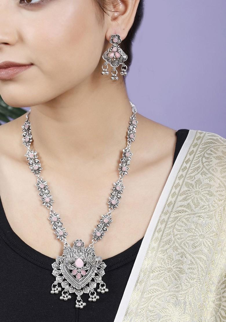 Pink Beaded Silver Plated Necklace Set