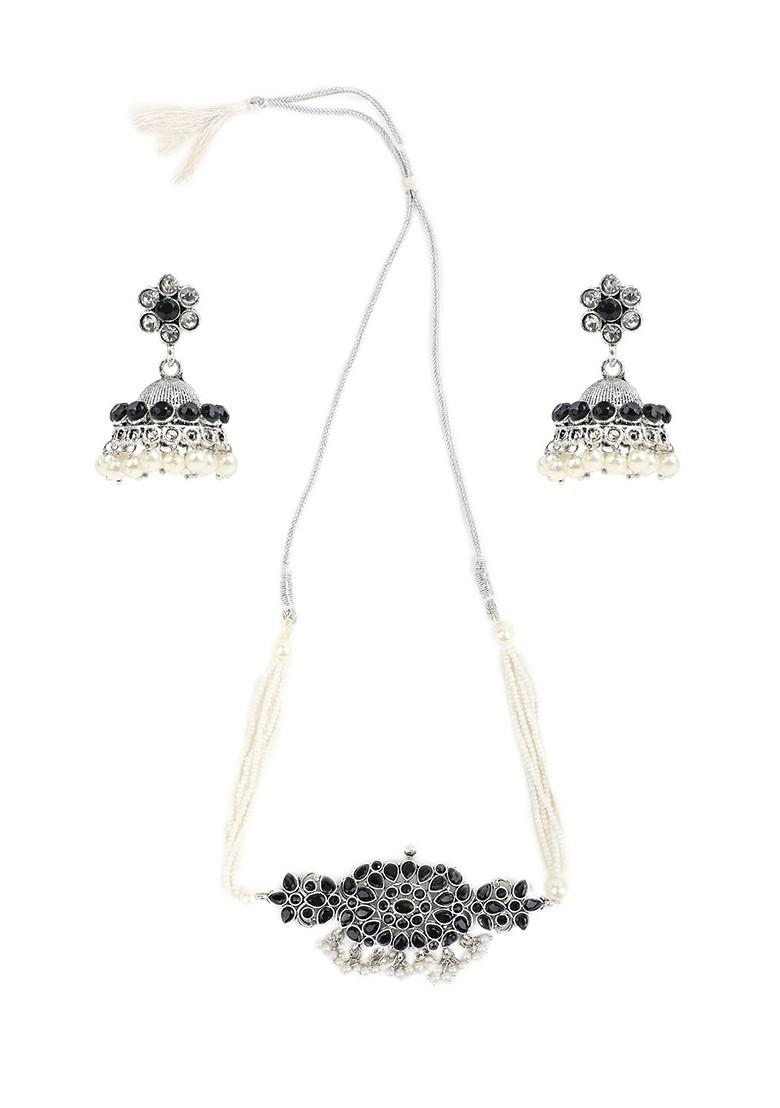 Silver Stone Studded Silver Plated Necklace Set