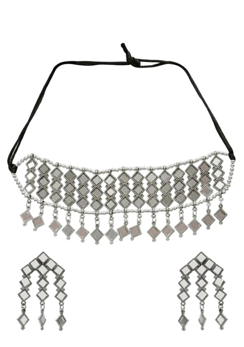 Silver Stone Studded Silver Plated Necklace Set