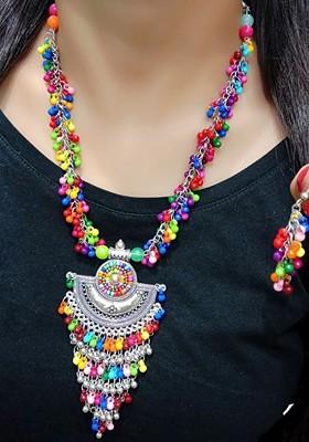 Silver Beaded Silver Plated Necklace Set