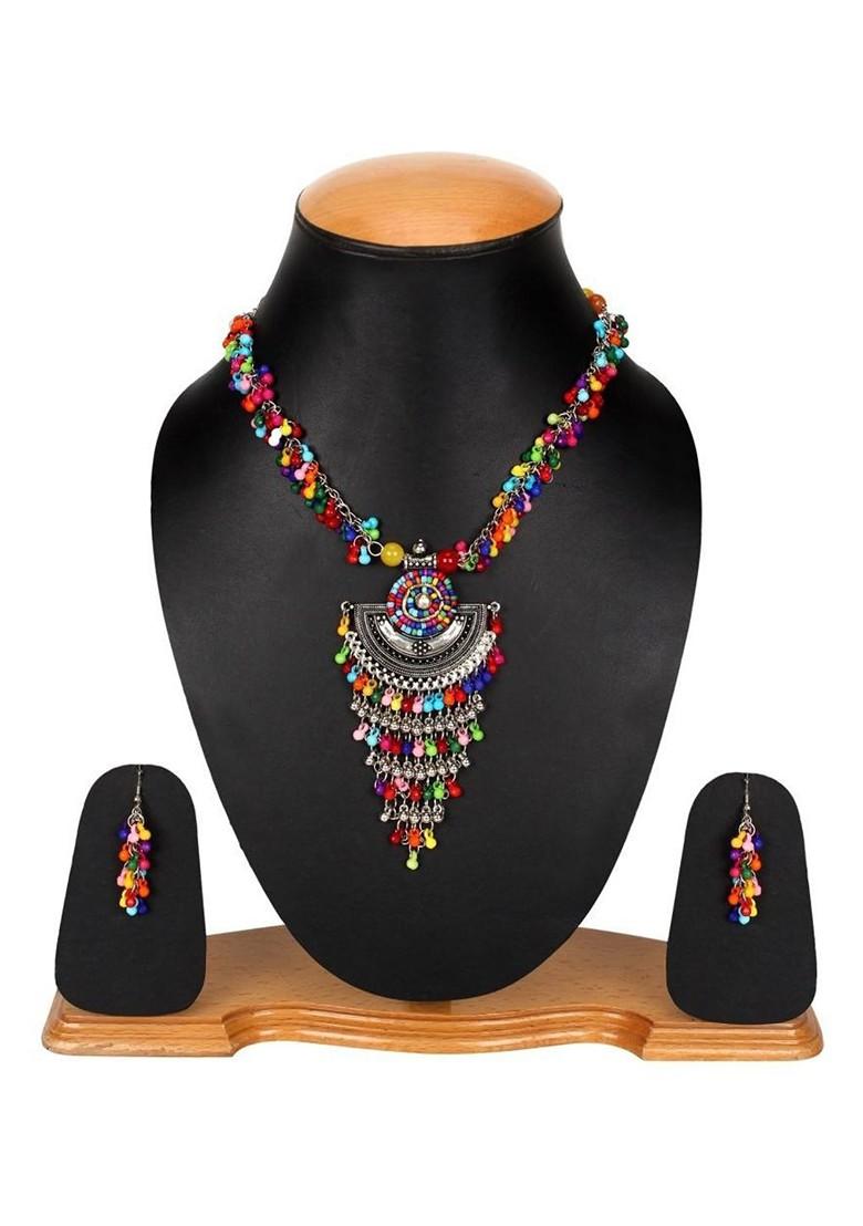 Silver Beaded Silver Plated Necklace Set