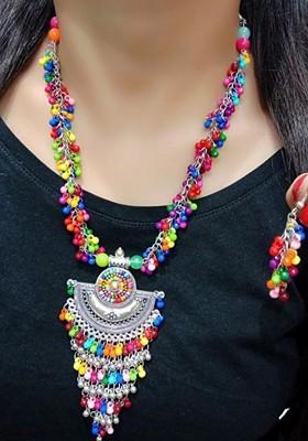 Silver Beaded Silver Plated Necklace Set