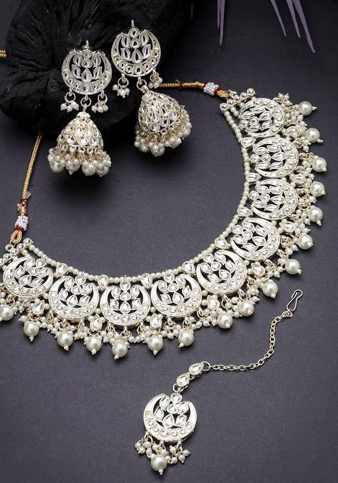 White Kundan And Beads Studded Choker Gold Plated Necklace Set
