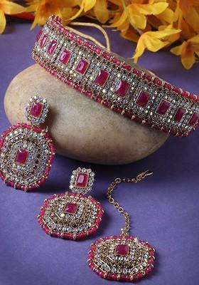 Magenta Kundan Studded And Pearl Beaded Choker Gold Plated Necklace Set