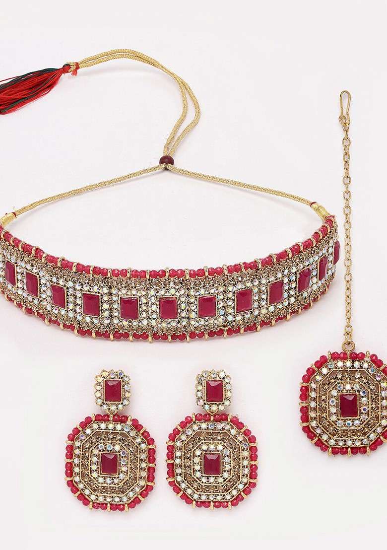 Magenta Kundan Studded And Pearl Beaded Choker Gold Plated Necklace Set - Indya