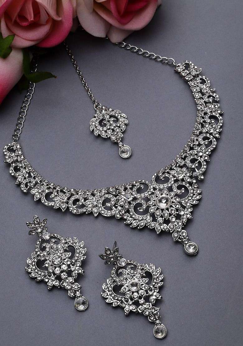 Silver Ad Studded Choker Rhodium Plated Necklace Set - Indya